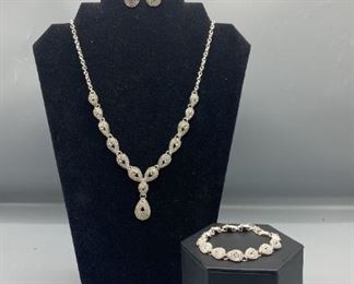 Teardrop White Rhinestone Necklace, Earrings, and Bracelet Set