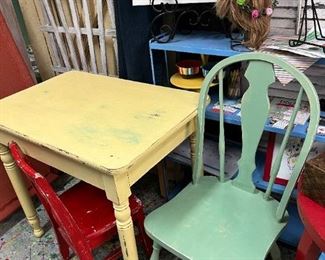 33.5" wide x  25.5" tall x 22" deep. Solid wood green vintage chair. Vintage wood child's chair