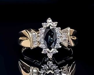 1.00 CARAT Natural Blue Sapphire & Diamond Cluster Cocktail Estate Ring in 14k Yellow Gold