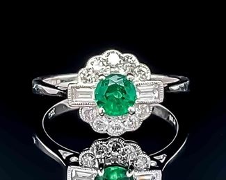 1.00 Carat Round Emerald Solitaire & Diamond Floral Cluster Milgrain Fancy Halo Ring in 14k White Gold
