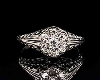 0.40ctw Diamond Cluster Antique Art Deco Filigree Ring in 14k White Gold