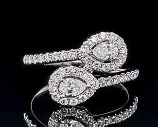 BRAND NEW! 1.00 CARAT Diamond Double Pear Solitaire Pave Cluster Bypass Ring in 18k White Gold