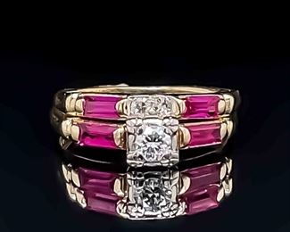 0.52 Carat Natural Ruby & Diamond Matching Ring 2-Piece Bridal Wedding Stacking Estate Set in 14k Yellow Gold