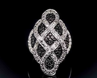 Black & White Diamond Basket Weave Dome-Shaped Marquise Cluster Ring in 925 Sterling Silver