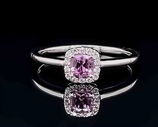0.52 ctw Natural Pink Sapphire & Diamond Cushion Halo Cluster Tulip Openwork Ring in 14k White Gold