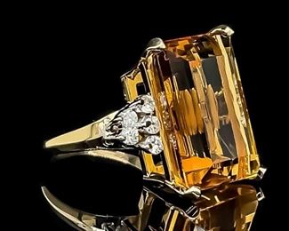 NASHVILLE ESTATE! Emerald Cut Natural Citrine & Diamond Cluster Cocktail Estate Ring in 14k Yellow Gold