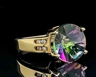 Gorgeous Mystic Topaz Fantasy Cut Diamond Channel Estate Ring in 14k Yellow Gold