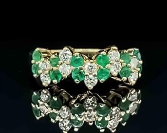 0.66 Carat Natural Emerald & Diamond VS CLARITY Chevron Zig-Zag Double Stone Cluster Estate Ring in 14k Yellow Gold