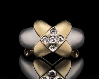 Diamond Bezel Cross Statement Ring in 14k Yellow & White Two-Tone Gold Luxurious Satin Matte Finish