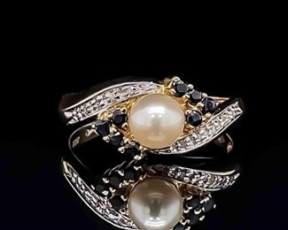 White Pearl, Blue Sapphire & Diamond Cluster Swirl Ring in 14k Yellow Gold