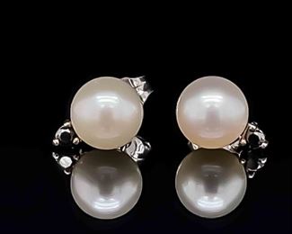 Round White Pearl & Black Diamond 2-Stone Stud Earrings in 14k White Gold