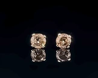 1/2 Carat Fancy Brown Diamond Round Solitaire Stud Earrings in 14k Yellow Gold
