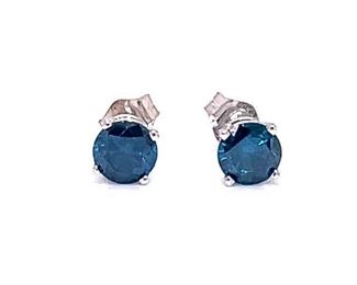1.00 CARAT Fancy Blue Diamond Round Solitaire Stud Earrings in White Gold
