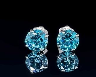 Vibrant Blue Gemstone Round Solitaire Stud Earrings in 14k White Gold Screw Backs