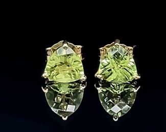Natural Peridot Trillion Cut Solitaire Lemon-Lime Stud Earrings in 14k Yellow Gold