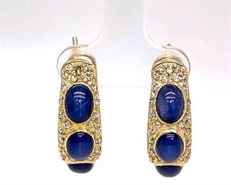 Blue Star Sapphire Cabochon & Diamond J-Hoop Half Cuff Earrings w/ Omega Backs in 14k Yellow Gold