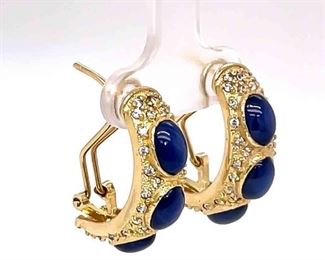 Blue Star Sapphire Cabochon & Diamond J-Hoop Half Cuff Earrings w/ Omega Backs in 14k Yellow Gold