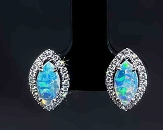 BRAND NEW! 1.31ctw Marquise White Opal & Diamond Halo Stud Earrings in 14k White Gold