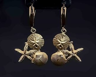 Beach Vacation Vibes Sand Dollar, Starfish & Shell Dangle Earrings in 14k Yellow Gold