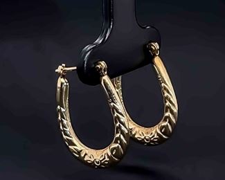 Oblong Oval U-Shaped Floral Design Tubular Estate Hoop Earrings in 14k Yellow Gold