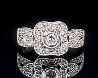 0.50ctw Diamond Vintage Art Deco Floral Pave Milgrain Ring in 18k White Gold