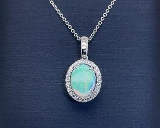 Opal and Diamond Halo Pendant Necklace in 14k White Gold