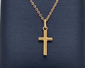 Shiny Tubular Cross Pendant Estate Necklace w/ 18" Chain in 18k Yellow Gold