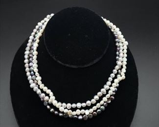 Gorgeous Black Tahitian Peacock, White & Silver Pearl Triple-Layer Strand 18" Necklace