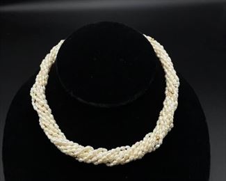 Multiple White Rice Pearl and 14k Gold Bead Twisted Choker Necklace w/ Clasp in 14k Yellow Gold