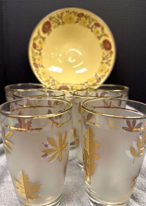 MCM Libbey Golden Foliage Highball Glasses 7 and Taylor Smith and Taylor Co. Bowl