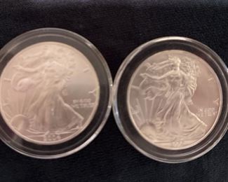 2004 and 2005 One Ounce Fine Silver Liberty Silver Dollars in Protective Cases
