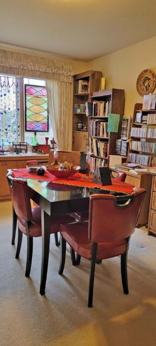 MCM Black Lacquer Table, Red Leather Chairs, Books, Bowls, Book Ends, More