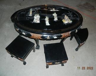 Oriental coffee table with benches and mother of pearl inlay