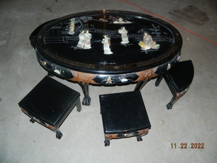 Oriental coffee table with benches and mother of pearl inlay