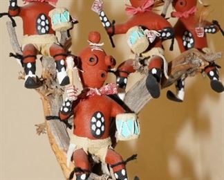 Hopi Mudhead Drummer Kachinas on Tree