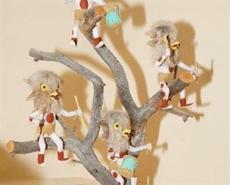 Group of Owl Kachinas on Branch - Signed