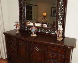 8 drawer darkwood dresser and mirror with beautiful inlay.