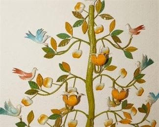Beautiful mid-century enameled metal tree with birds candle holder