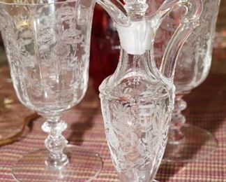 Vintage etched crystal wine glasses and etched crystal wine pitcher decanter