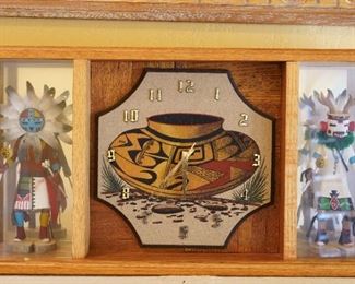 Double kachina and sand painting wall clock in shadowbox