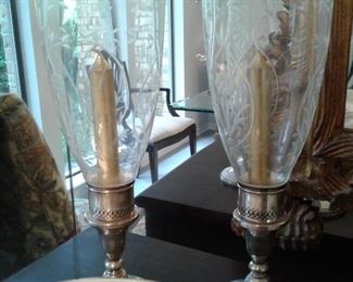 Pr Candlesticks with Engraved Shades