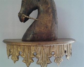 Carved Wood Horse Head, inlay brass wire