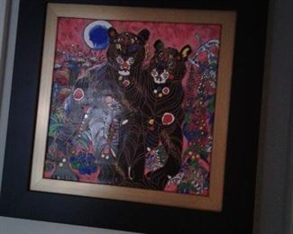 Acrylic on Canvas, Panthers in flowers, signed illedgible