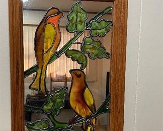 Vintage Art Stained Glass Bird Mirror 