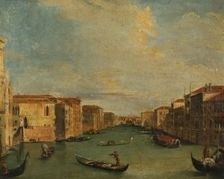 3	Follower of Antonio Canale Called Canaletto	Venice, a view from the Grand Canal looking North East from Palazzo Balibi Towards Rialto Bridge. Oil on Canvas with varnish. 10 5/8" x 15 1/8". The composition is based on Canaletto's original in the Accademia Carrara in a Florentine frame.  Appears unsigned.  No obvious signs of repairs or restoration, crazing throughout. Signed "Canal Grande da Palazzo Balbi".  Some chips and cracks in frame.
