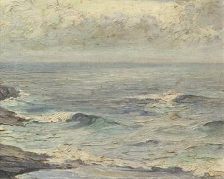 6	Oil on Canvas Panel Seascape	Christian Midjo (Norway / American, New York, 1880-1973). Oil on canvas panel seascape, Ocean Study - Cloudy Haze. Signed lower left. 11 1/2" x 11 1/2" (with frame 16" x 16"). Dirt and discoloration throughout, some paint loss along left edge; chips and losses to frame.
