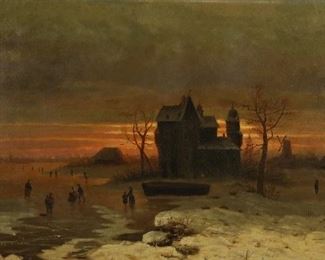 9	H.A. Isaacs Oil on Canvas Winter Sunset	Oil on canvas Continental winter sunset village scene. Signed lower right H.A. Isaacs. 21 1/2" x 35 1/2" (with frame 31" x 45"). Crazing throughout, varnished, some inpainting to sky; painting loose in frame; chips, repairs and losses to gilt frame.

