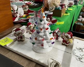Ceramic Christmas Tree and Mice Ornaments