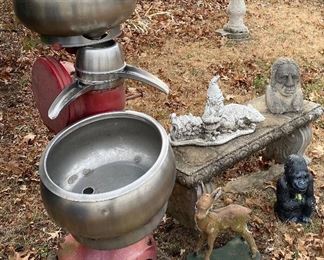 Amazing Custom Antique Cream Separator Planter • Concrete Bench & Lawn Yard Art Statues Statuary • Fawn / Deer, Traveling Gnome, Ape/Monkey/Gorilla, Native American • Birdbath Bird Bath 
