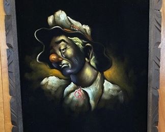 Large Velvet Painting Sad Clown ~38”x29” framed 